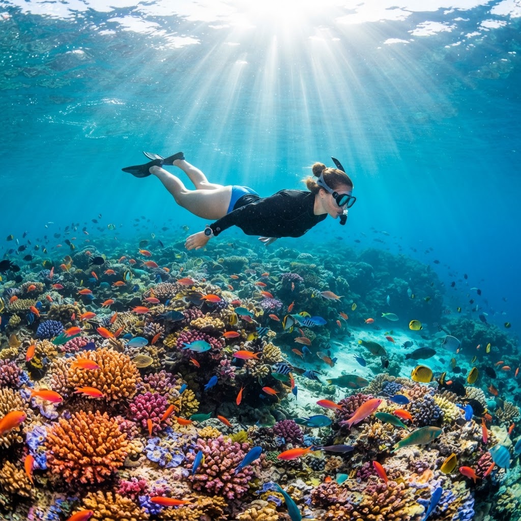 Snorkeller swimming over a vibrant Fiji coral reef in clear turquoise water