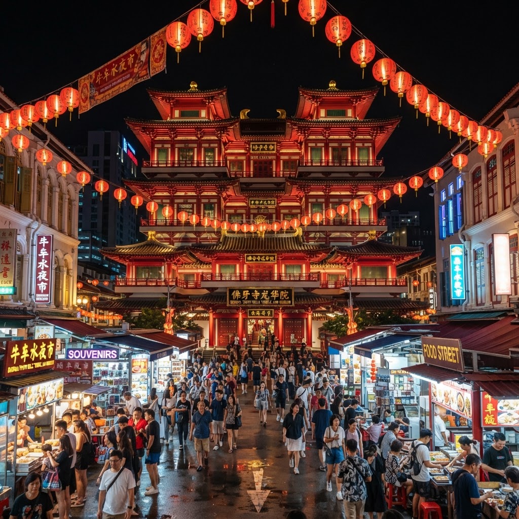 Singapore Chinatown at night with the Buddha Tooth Relic Temple lit up and red lanterns hanging across the street