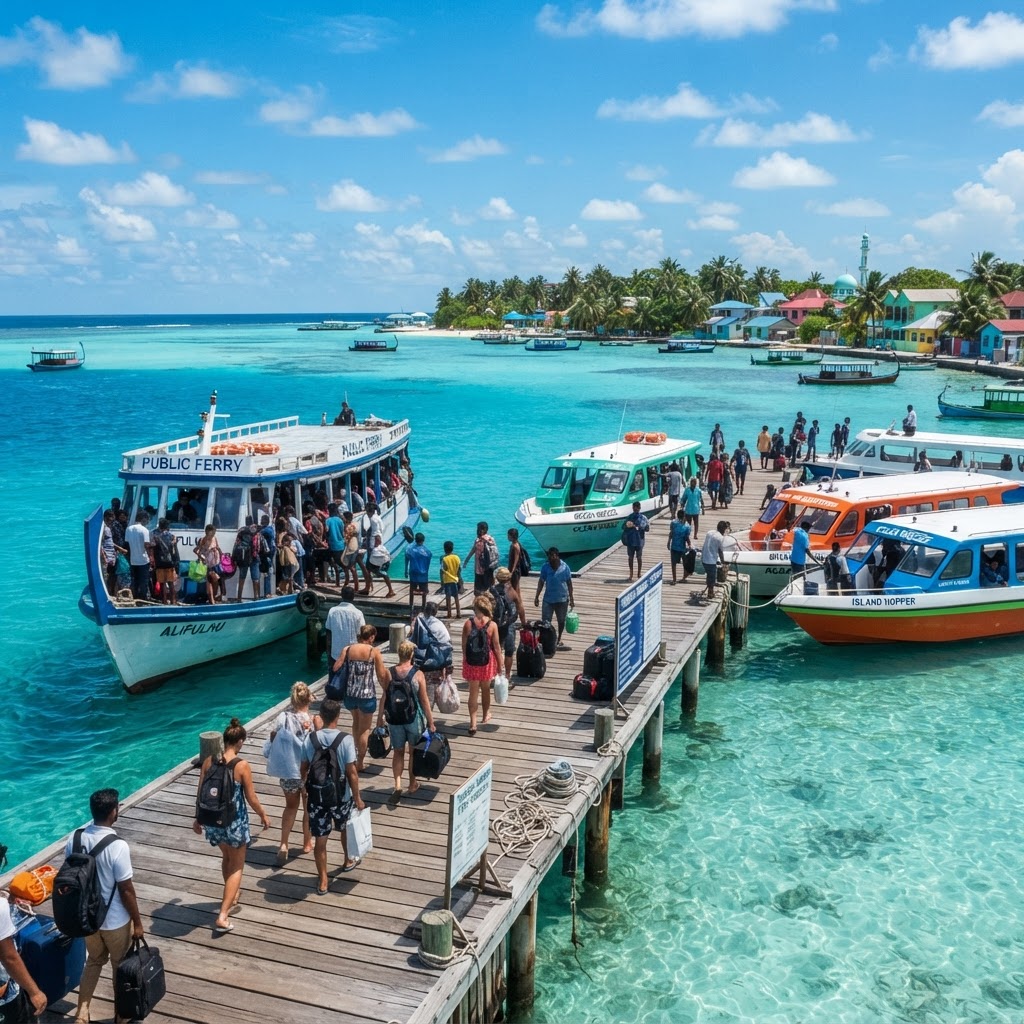 Public ferry and speedboats docked at a Maldives local island jetty
