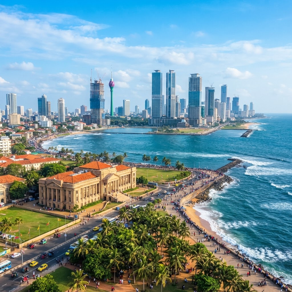 The Colombo skyline and Galle Face Green waterfront promenade with palm trees, the Old Parliament building and the modern Port City across the water under a clear blue sky