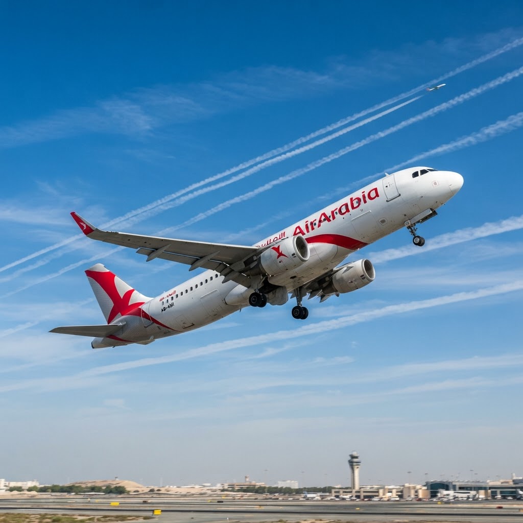 Air Arabia style low-cost Airbus A320 taking off against a blue sky