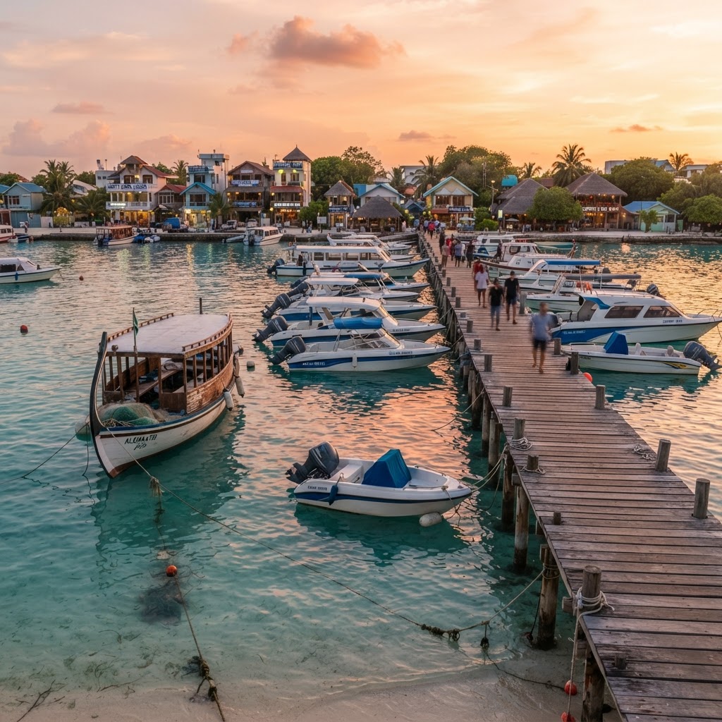 Maldives local island harbor with speedboats and a traditional dhoni at anchor