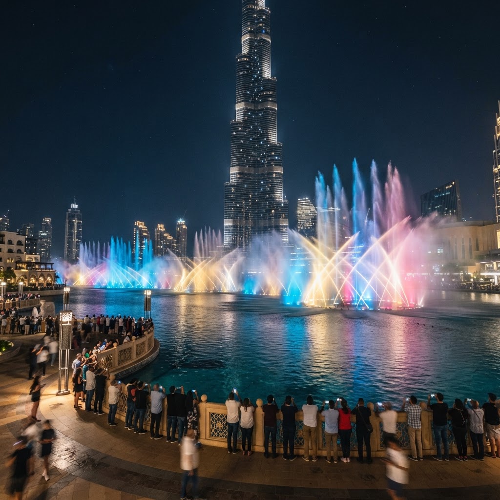 Dubai Mall fountain show with the Burj Khalifa in the background at night