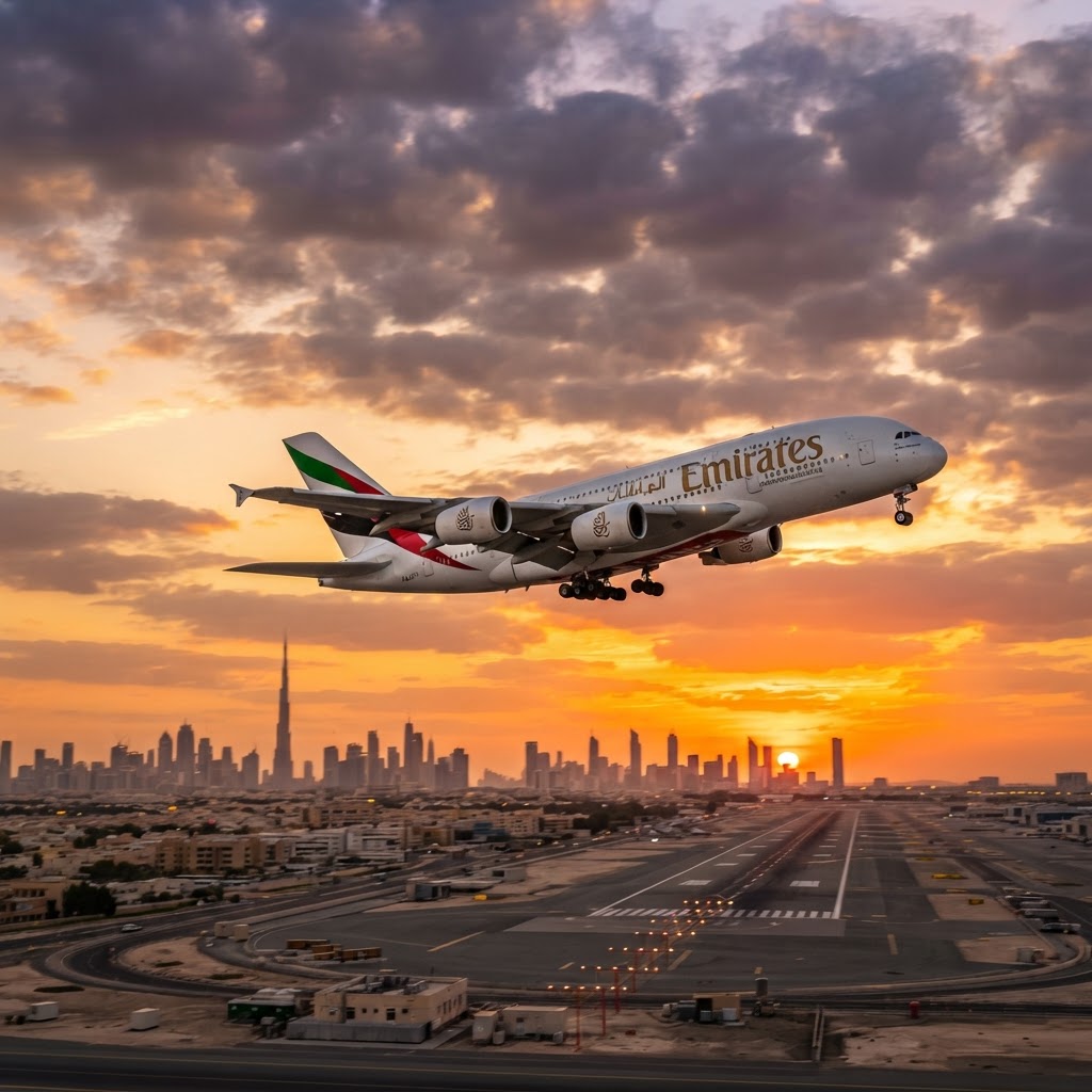 Emirates A380 taking off from Dubai at sunset heading to Bangkok