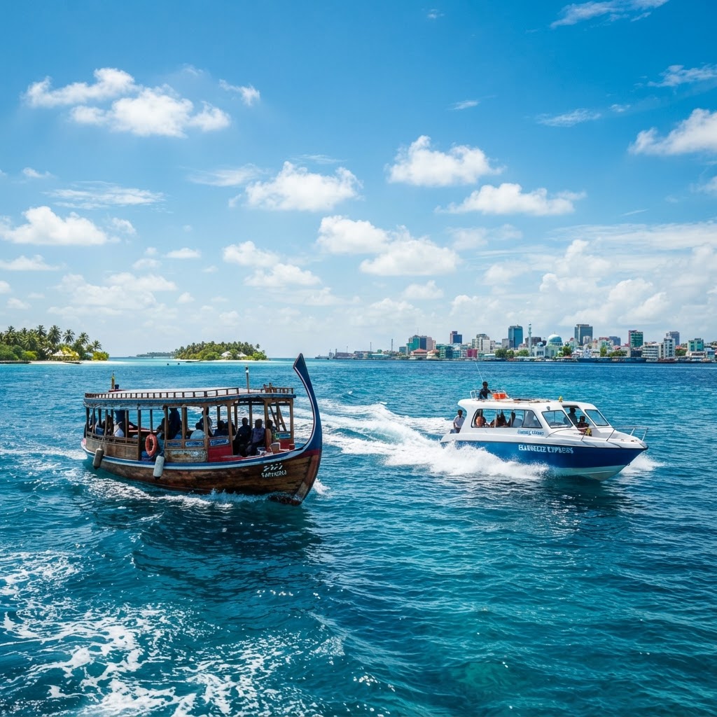 A traditional Maldivian dhoni and a speedboat crossing sparkling turquoise water near Male by day under a bright blue sky