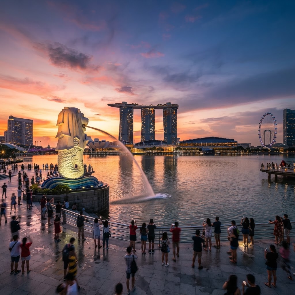 The Merlion statue with Marina Bay Sands in the background at sunset, Singapore