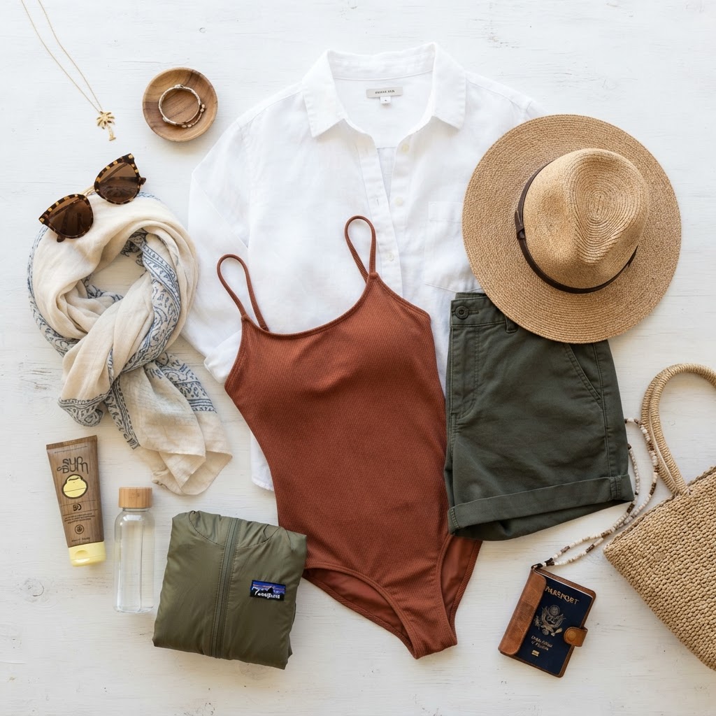 Flat lay of a Fiji December day outfit with light linen shirt, cotton shorts, swimsuit, straw hat, reef-safe sunscreen and a light packable rain shell