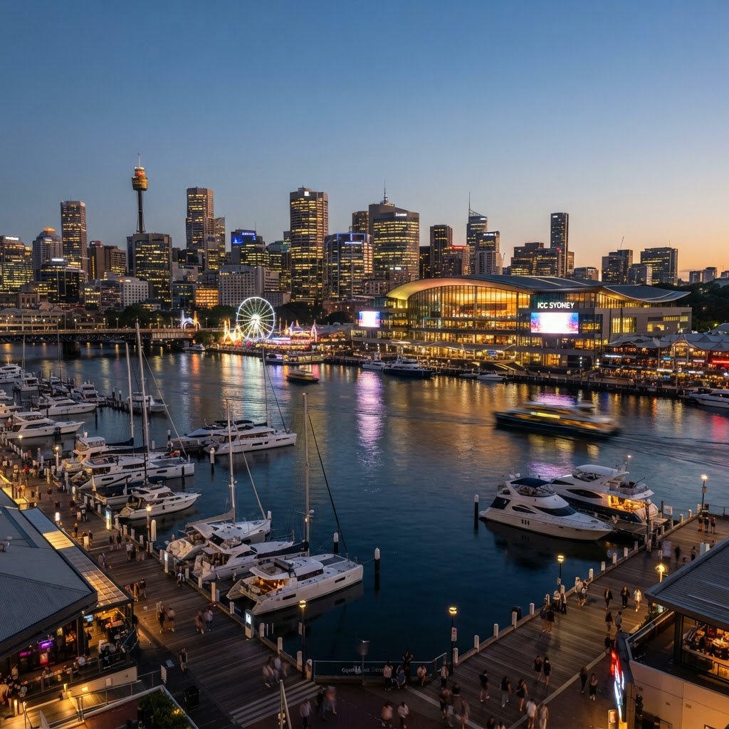 Darling Harbour Sydney at dusk with city lights reflecting on the water