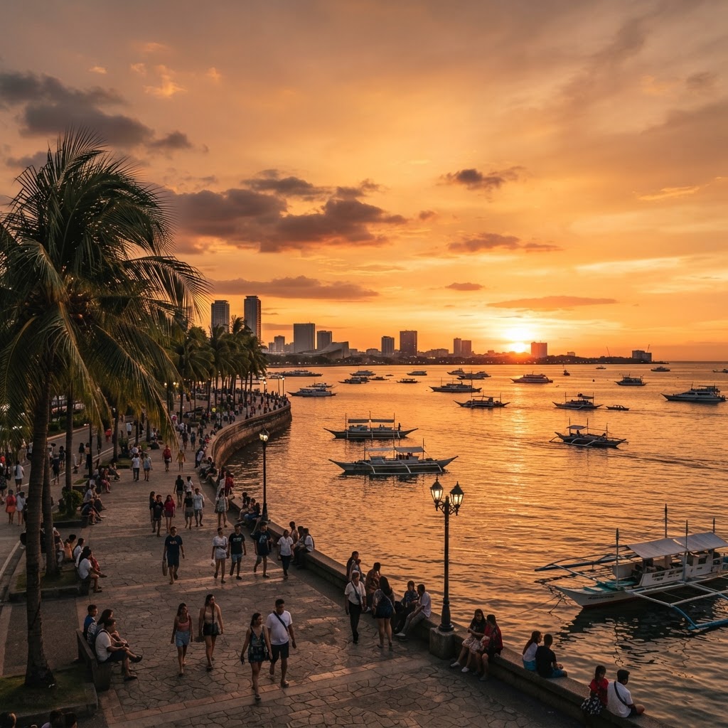 Manila Bay sunset with palm trees, waterfront promenade and boats, golden orange sky over the water