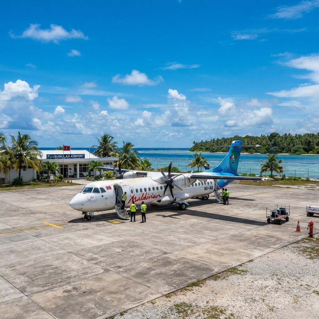 Maldivian ATR72 turboprop aircraft on the tarmac at Fuvahmulah Airport