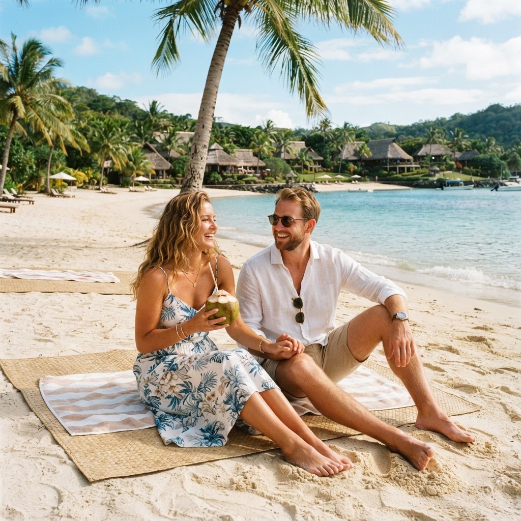 Stylish couple in light tropical outfits relaxing on a Fiji beach in October with a resort in the background