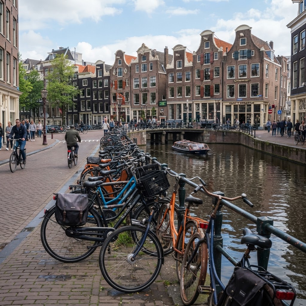 Bicycles parked along an Amsterdam canal