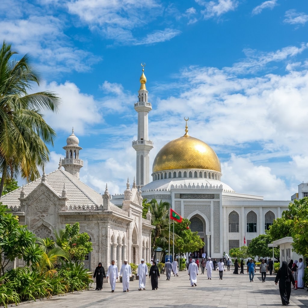 Male Friday Mosque and the Grand Islamic Centre with golden dome in Male