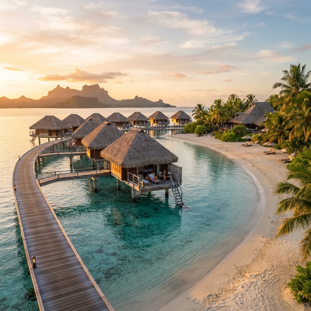 A Fiji overwater bure resort at golden hour over a turquoise lagoon