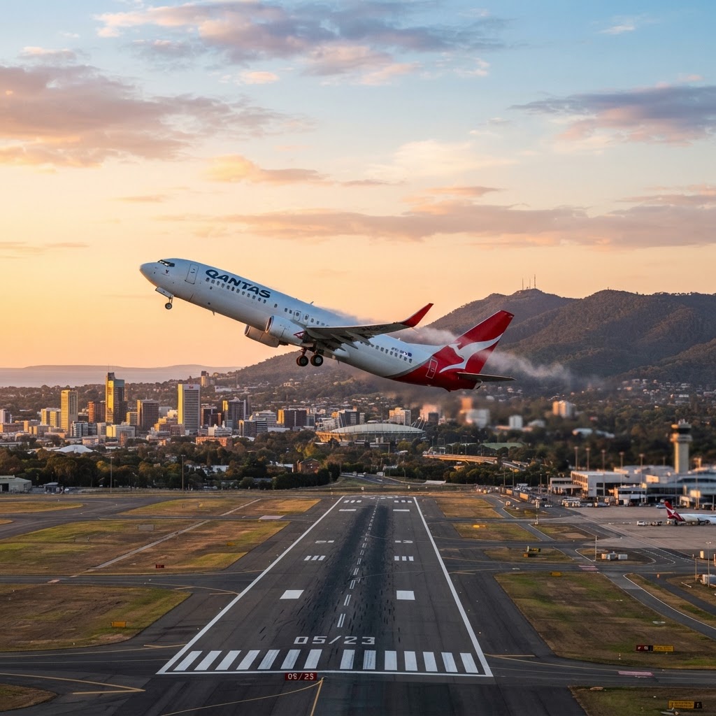 A Qantas Boeing 737 taking off from Adelaide Airport runway at dawn with the Adelaide city skyline and the Mount Lofty Ranges in the distance