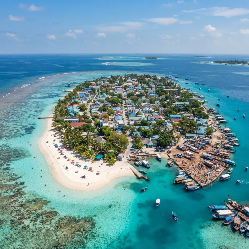 Aerial view of Gulhi island in South Malé Atoll with bikini beach and lagoon
