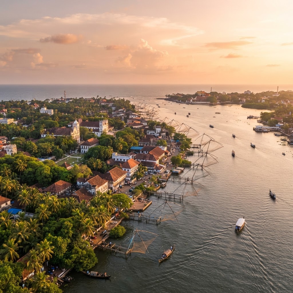 Aerial view of Kochi Kerala backwaters with Chinese fishing nets and Fort Kochi at golden hour