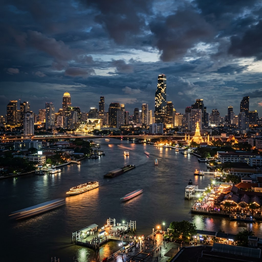 Bangkok city skyline at night with illuminated skyscrapers