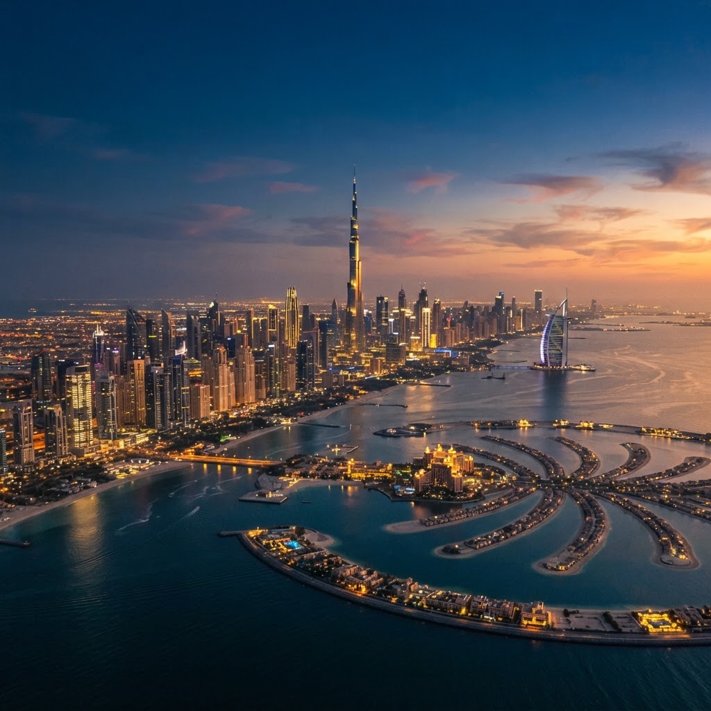 The Dubai skyline at sunset with Burj Khalifa, Burj Al Arab and the Palm Jumeirah under a deep blue sky with golden light