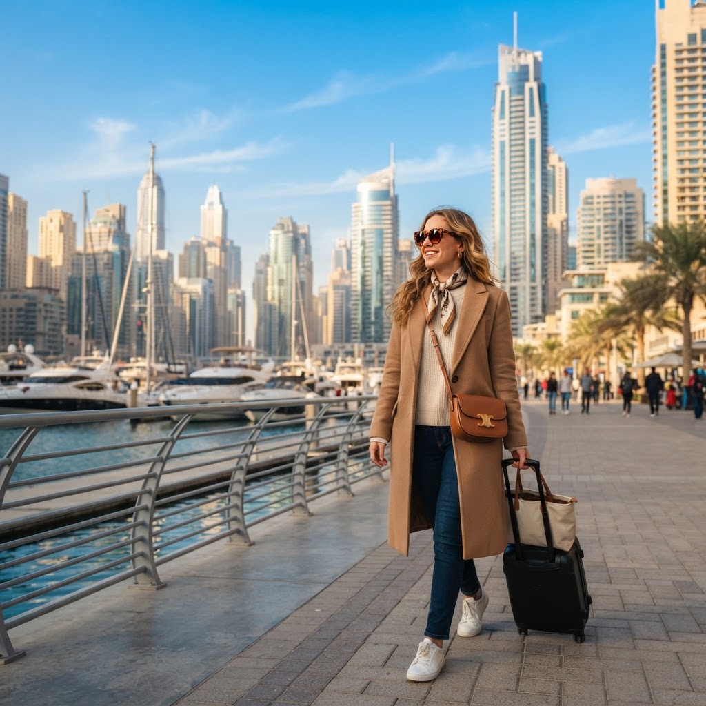 Stylish traveler in a light coat and scarf along Dubai Marina promenade in December