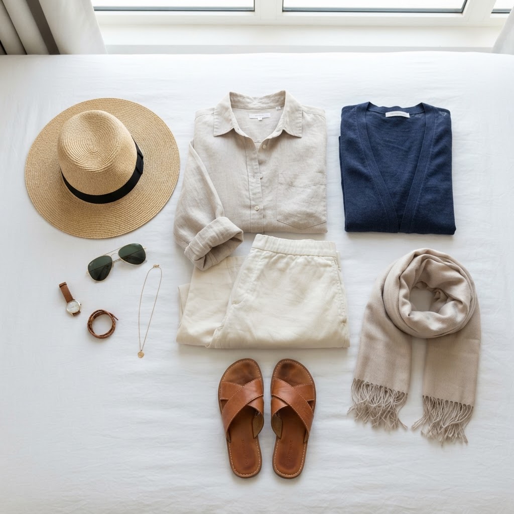 Flat lay of a Dubai November outfit — linen shirt, light cardigan, sunglasses and sun hat
