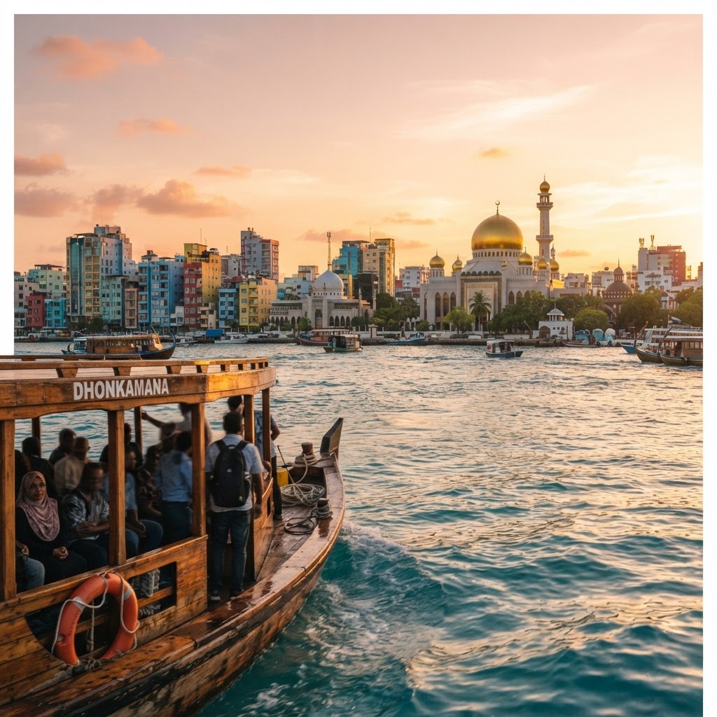 Malé city skyline with colorful buildings and the Islamic Centre golden dome from the ferry