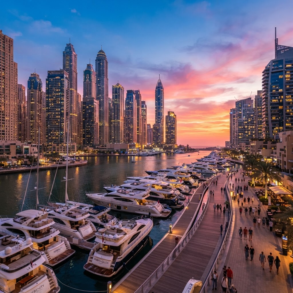 Dubai Marina skyscrapers along the canal at sunset with yachts