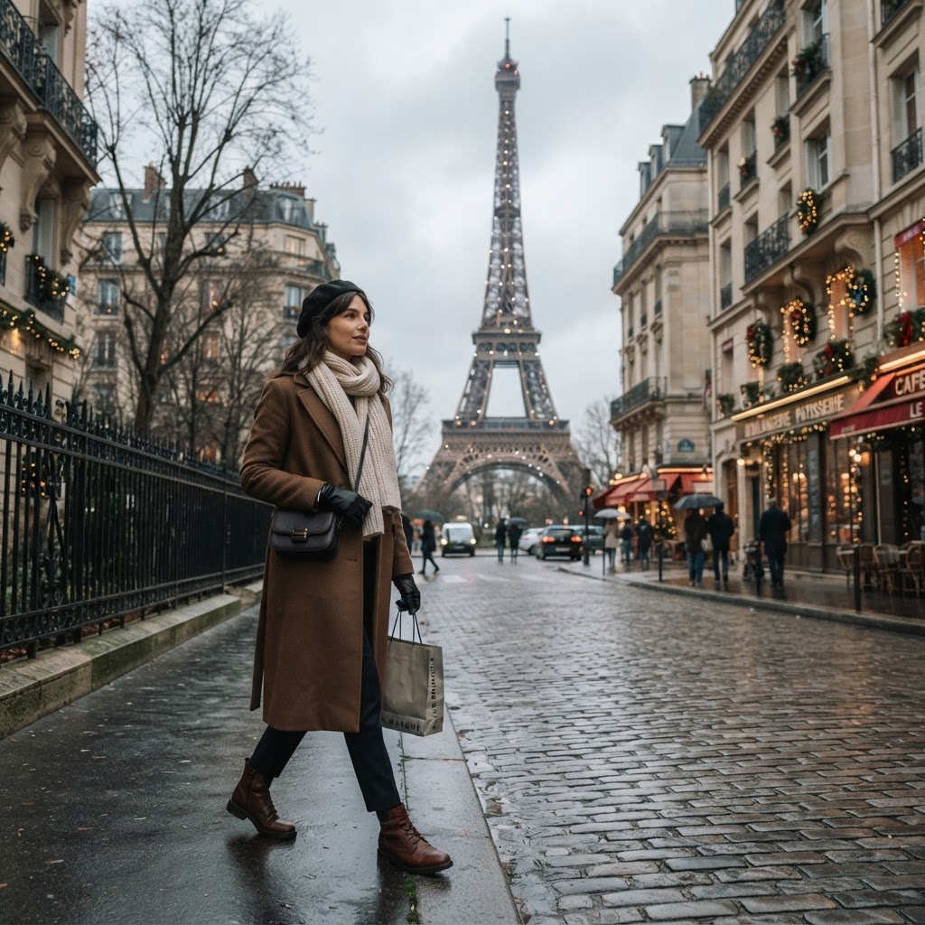 Stylish woman in elegant wool coat, scarf and gloves walking along a Paris street in December with the Eiffel Tower in the background