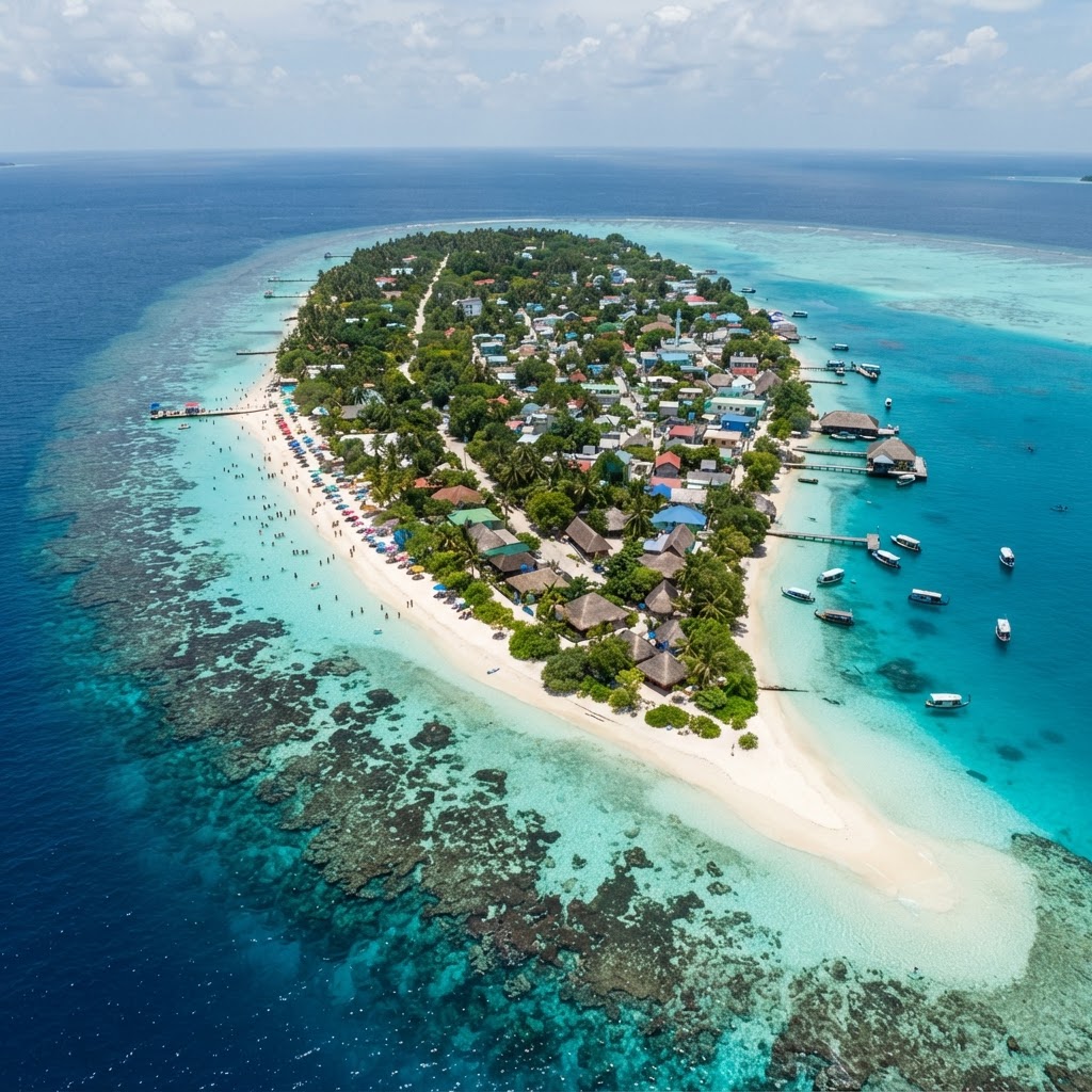 Aerial view of Ukulhas island Maldives with guesthouses, bikini beach and turquoise lagoon