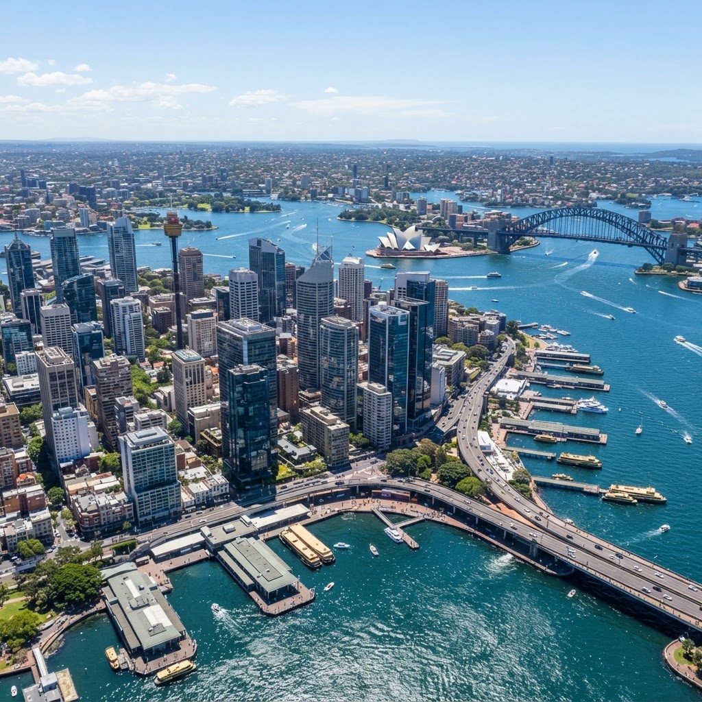 Sydney CBD skyline from above with the harbour in background