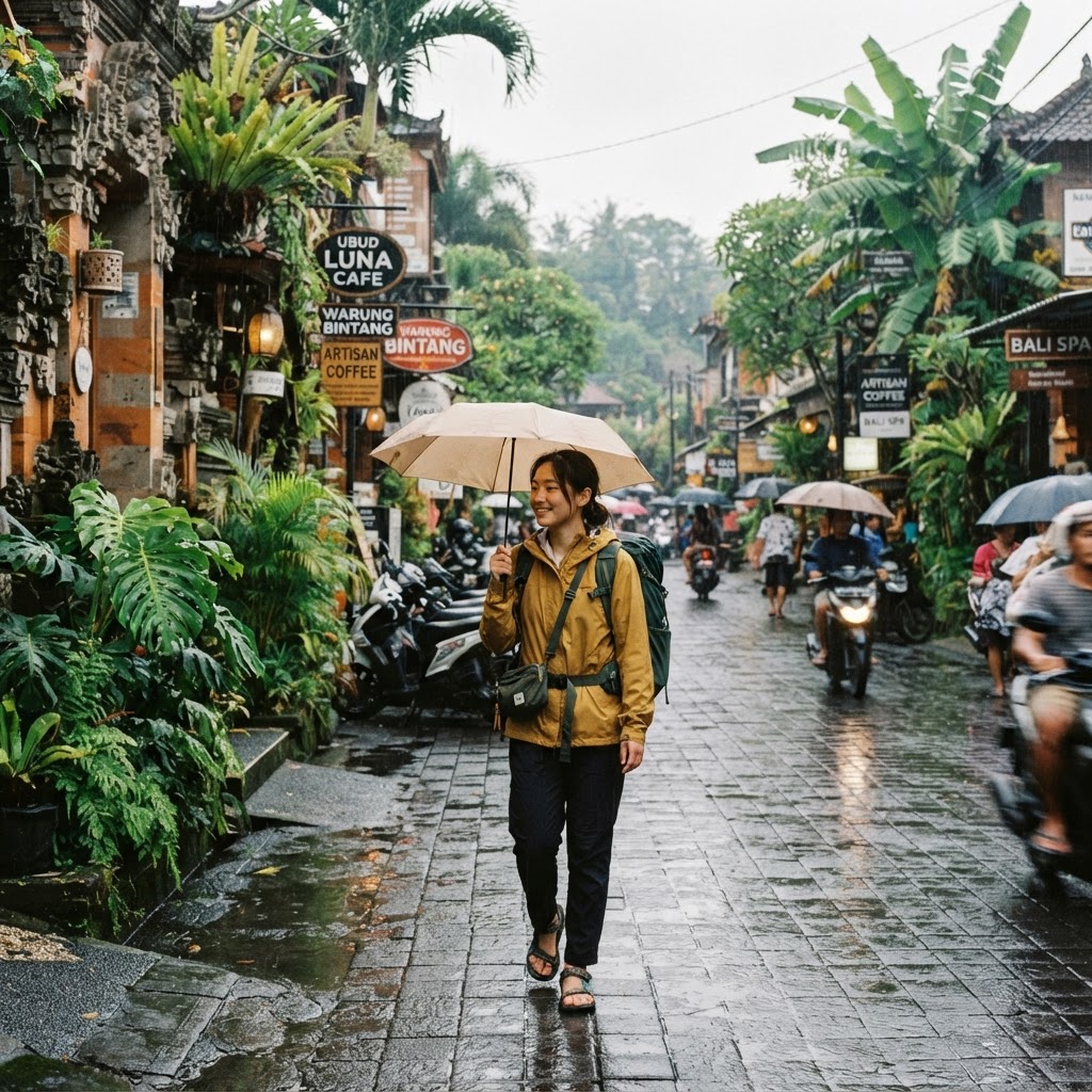 Traveler with umbrella and light rain jacket in light tropical rain in Ubud Bali
