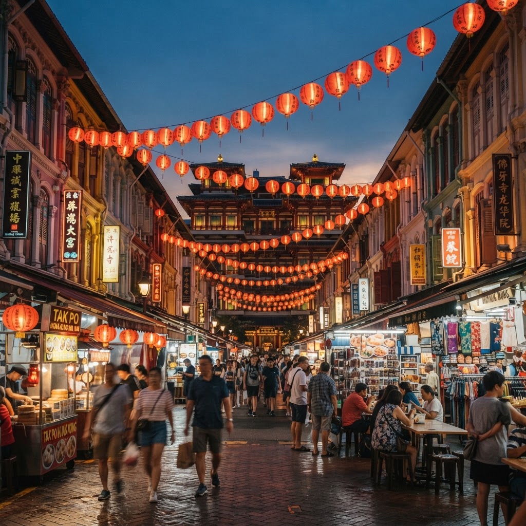 Chinatown lantern street at dusk, Singapore