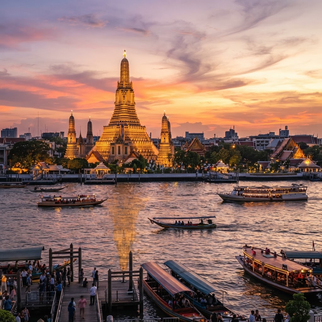 Wat Arun temple in Bangkok at sunset reflected in the river