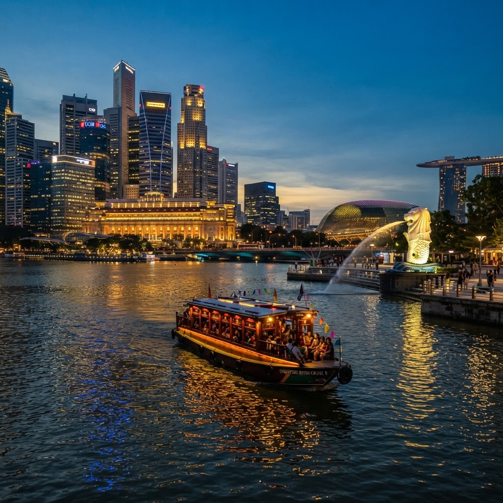 A bumboat on the Singapore River at dusk with the CBD skyline, the Fullerton Hotel and the Merlion in the background