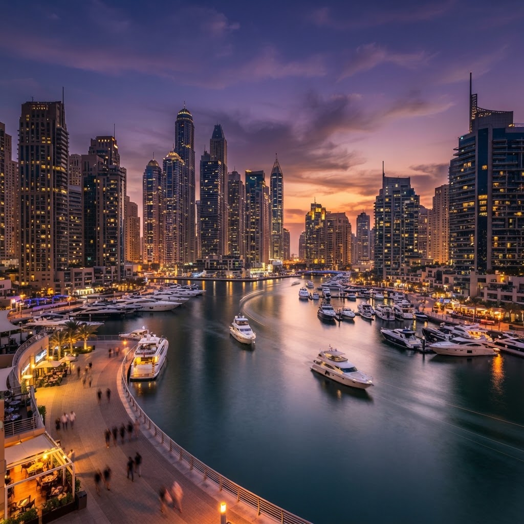 Dubai Marina at dusk with luxury yachts and skyscrapers reflecting on the water under a purple and orange sky