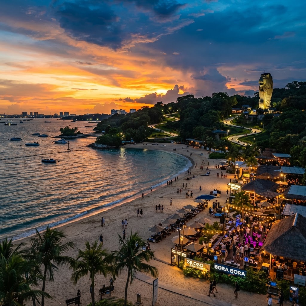 Sentosa Island in Singapore at sunset with Siloso Beach, the beach clubs, the Skyline Luge and the Sentosa Merlion in the distance