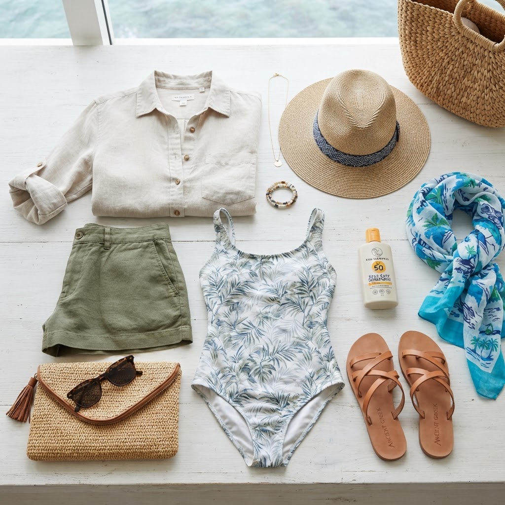 Flat lay of a Fiji October day outfit with light linen shirt, cotton shorts, swimsuit, straw hat and reef-safe sunscreen