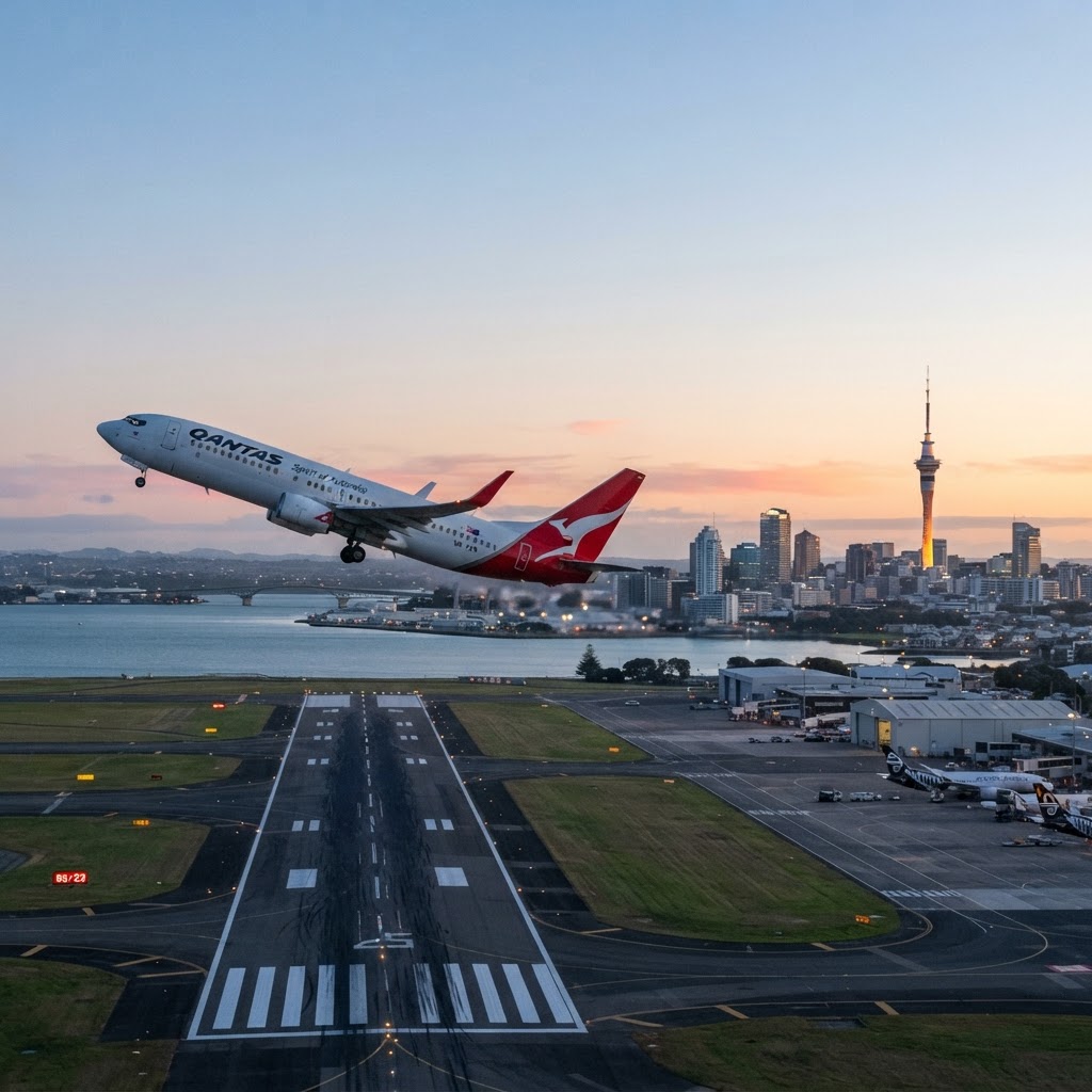 Qantas Boeing 737 taking off from Auckland Airport runway at dawn with the Sky Tower in the distance