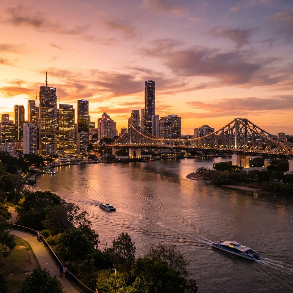 Brisbane skyline and Story Bridge at sunset with the Brisbane River in the foreground