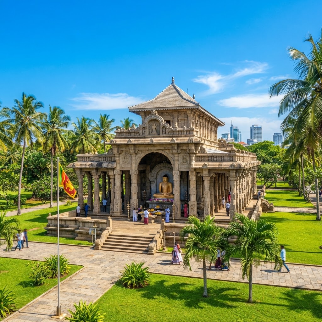 The Independence Memorial Hall in Colombo, a grand stone colonnaded monument surrounded by green lawns and palm trees under a clear blue sky