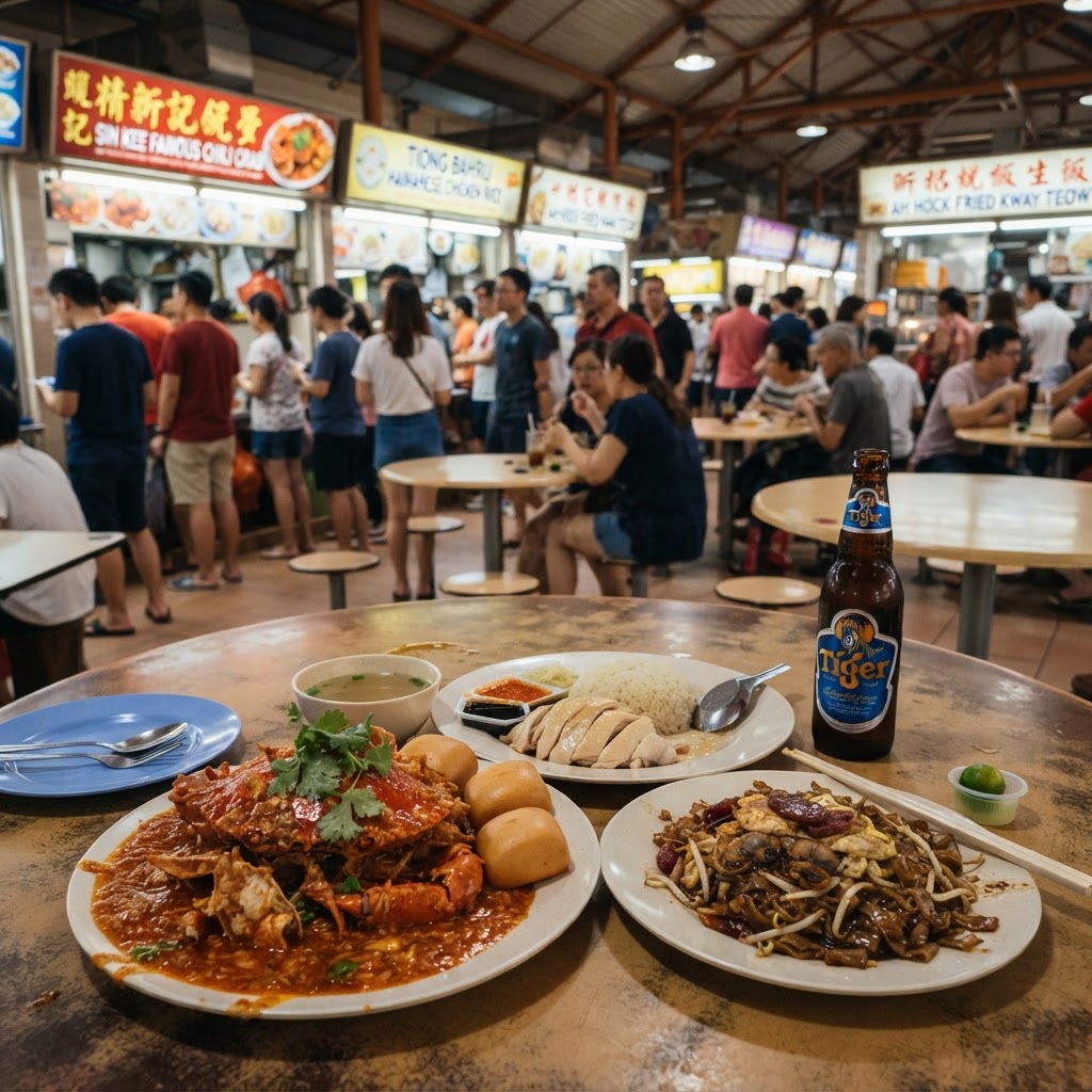 A Singapore hawker centre scene with chili crab, Hainanese chicken rice and char kway teow on a table