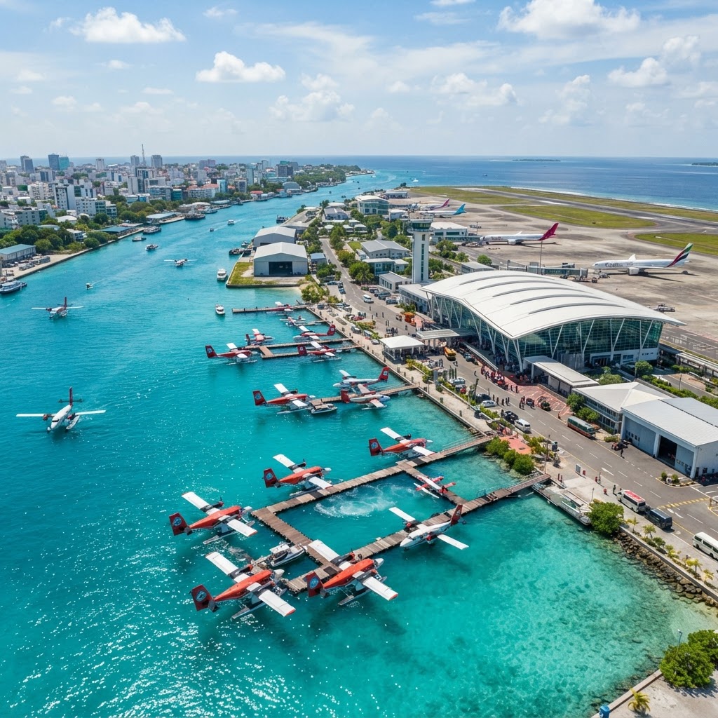 Velana International Airport Malé terminal with seaplanes and turquoise lagoon