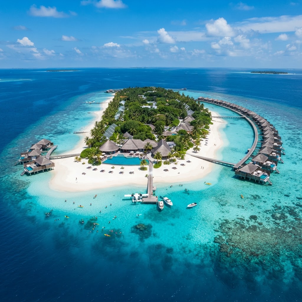 Aerial view of Ifuru Island Maldives with overwater villas and turquoise lagoon