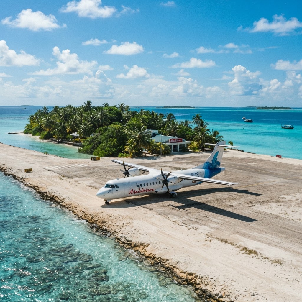 Maldivian domestic ATR turboprop on a small island airstrip in the Maldives