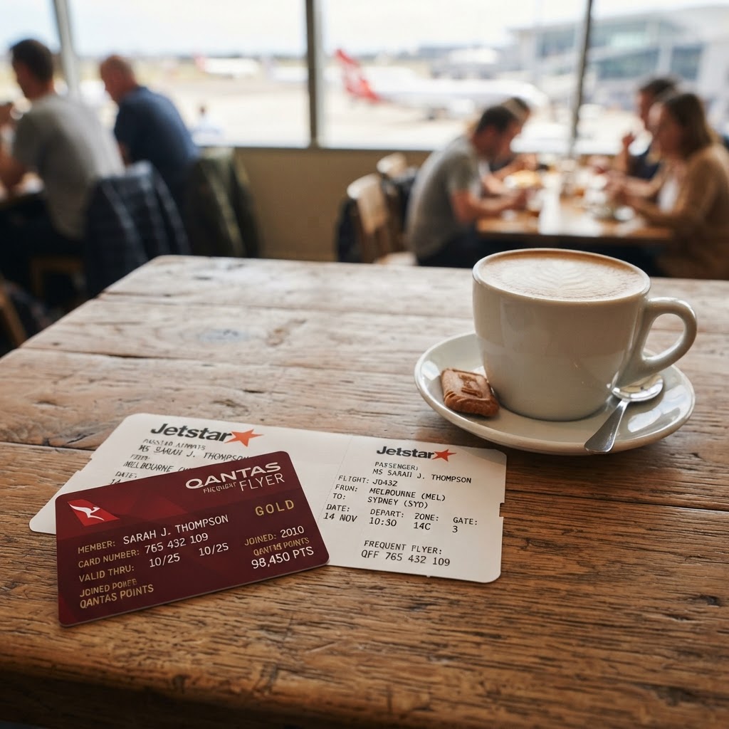 A Qantas Frequent Flyer membership card and a Jetstar boarding pass on a wooden table with a coffee