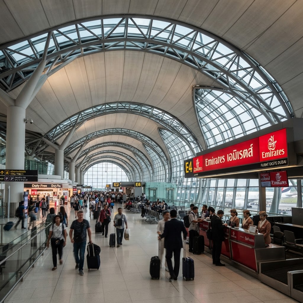 Bangkok Suvarnabhumi Airport interior with curved roof design