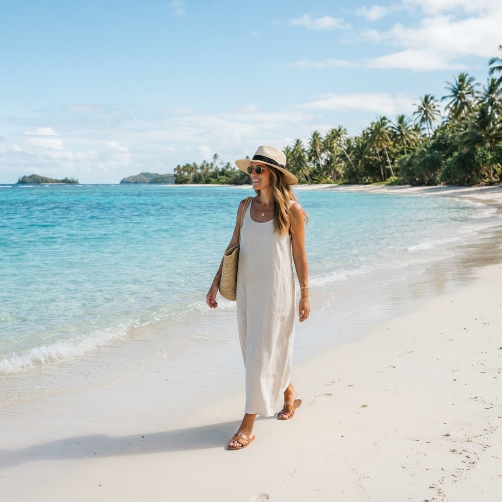 Stylish woman in light tropical outfit — linen dress, straw hat, sandals — walking along a white sand beach in Fiji in October with turquoise water and palm trees