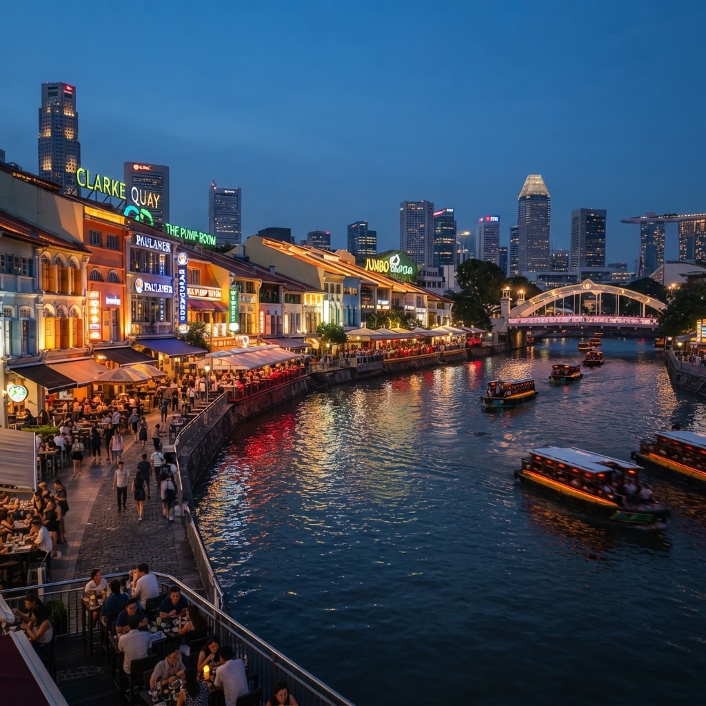 Clarke Quay riverside restaurants along the Singapore River at dusk
