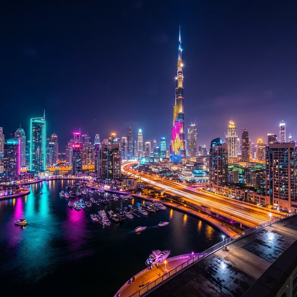 The Dubai skyline at night with the Burj Khalifa towering over Downtown Dubai illuminated in colorful lights, Dubai Marina glowing with neon reflections against a deep indigo sky