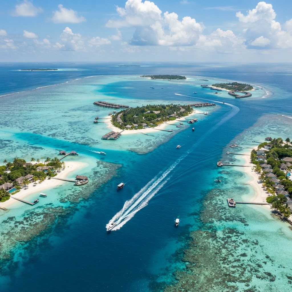 Aerial view of a Maldives atoll with speedboat wakes between islands